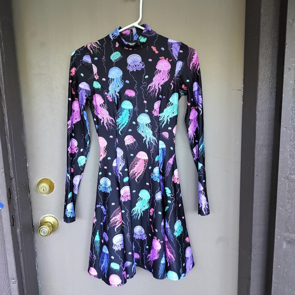 BlackMilk Long Sleeved Fit and Flare High Neck Jellyfish Mini Dress - Picture 2 of 7